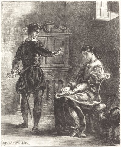 Hamlet i Ofelia (Akt III, scena I) autorstwa Eugène Delacroix