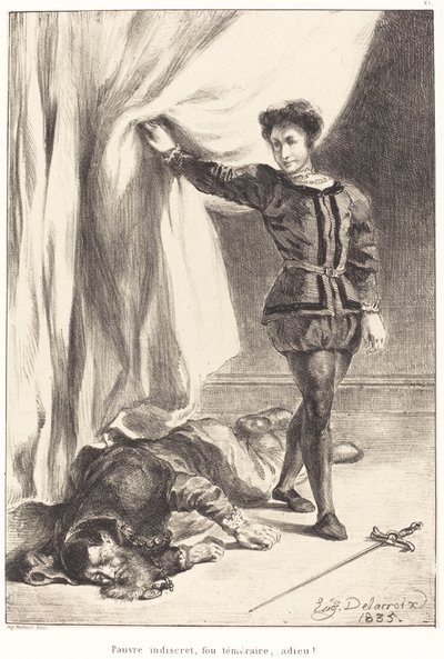 Hamlet i ciało Poloniusza Akt III, scena IV, 1835. autorstwa Eugène Delacroix