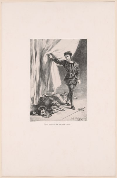 Hamlet i ciało Poloniusza, plansza 11 z Hamleta autorstwa Eugène Delacroix