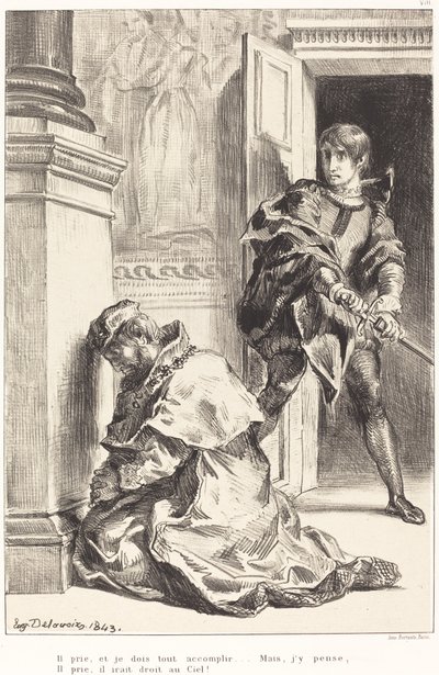 Hamlet jest kuszony, by zabić króla (Akt III, scena III) autorstwa Eugène Delacroix