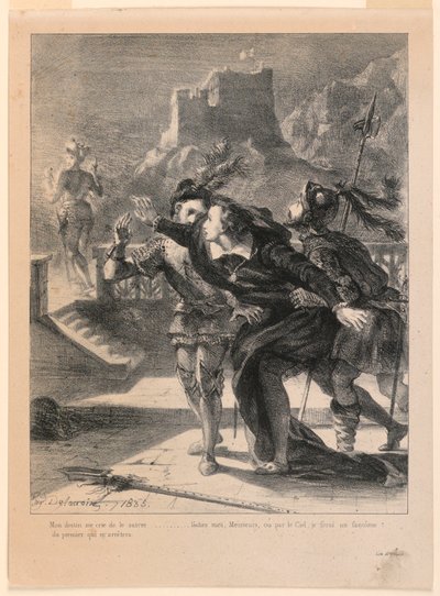 Ilustracja do Hamleta: Hamlet próbuje podążać za duchem swego Ojca (I, 4) autorstwa Eugène Delacroix