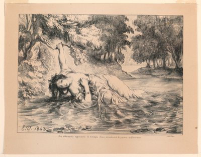Ilustracja do Hamleta: Śmierć Ofelii (IV, 7) autorstwa Eugène Delacroix