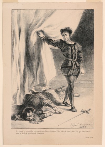 Ilustracja do Hamleta: Śmierć Poloniusza (III,4) autorstwa Eugène Delacroix