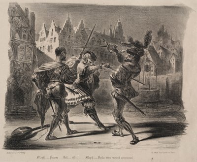 Ilustracje do Fausta: pojedynek Fausta i Valentina autorstwa Eugène Delacroix