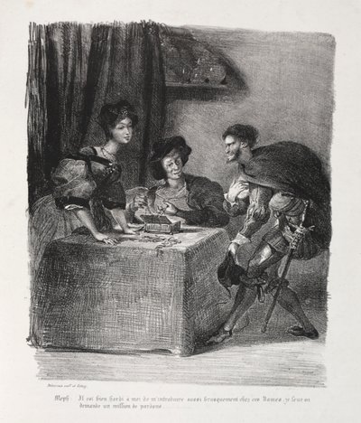Ilustracje do Fausta: Mefistofeles jest w Marthe autorstwa Eugène Delacroix