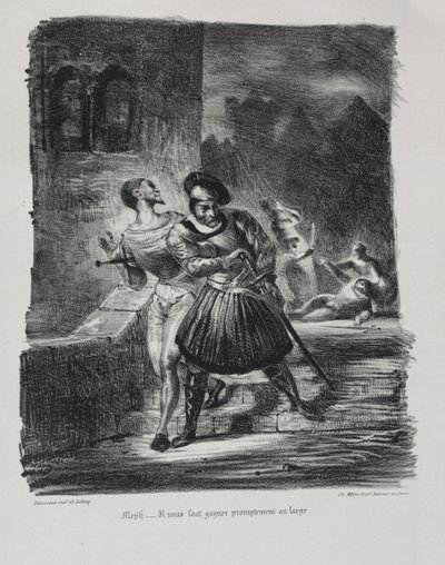 Ilustracje do Fausta: Mefistofeles i Faust uciekają po pojedynku autorstwa Eugène Delacroix