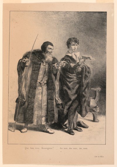 Ilustracja dla Hamleta. Poloniusz i Hamlet (II,2) autorstwa Eugène Delacroix