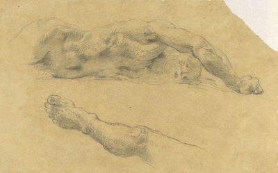 Leżący nagi mężczyzna; jego noga osobno autorstwa Eugène Delacroix