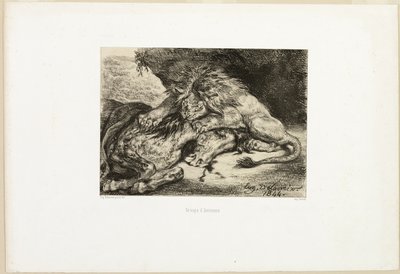 Lew pożerający konia autorstwa Eugène Delacroix