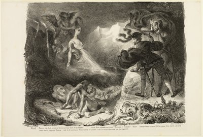 Duch Marguerite ukazujący się Faustowi, z filmu Faust autorstwa Eugène Delacroix