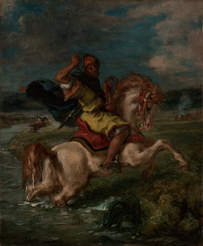 Marokański jeździec przekraczający forda autorstwa Eugène Delacroix