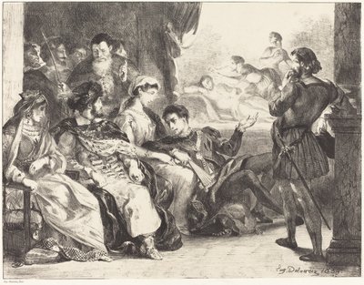 Gracze inscenizujący otrucie ojca Hamleta Akt III, scena II, 1835. autorstwa Eugène Delacroix