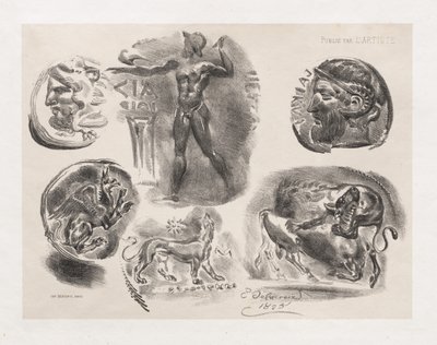 Arkusz sześciu antycznych monet autorstwa Eugène Delacroix
