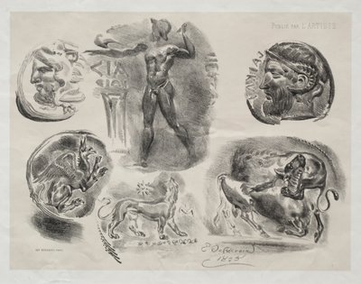 Arkusz z sześcioma antycznymi medalami autorstwa Eugène Delacroix