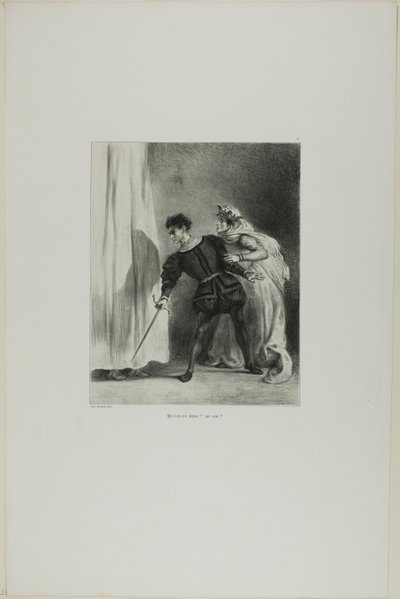 Zabójstwo Poloniusza, plansza 9 z Hamleta autorstwa Eugène Delacroix