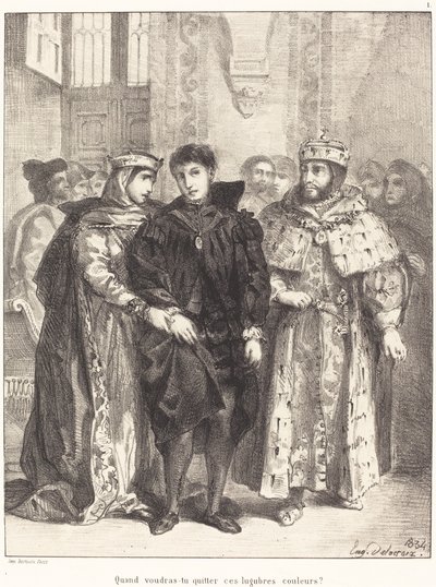 Królowa próbuje pocieszyć Hamleta Akt I, scena II, 1834. autorstwa Eugène Delacroix