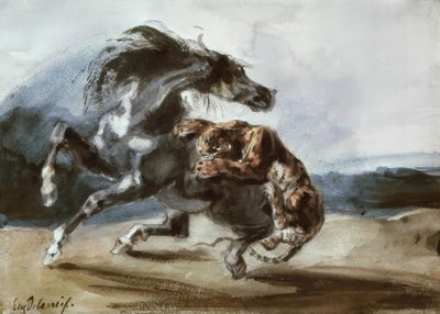 Tygrys atakuje dzikiego konia autorstwa Ferdinand Victor Eugene Delacroix