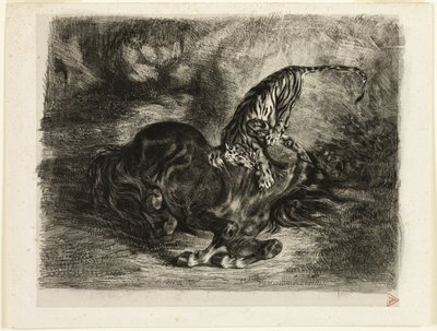 Dziki koń powalony przez tygrysa autorstwa Eugène Delacroix
