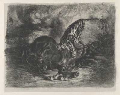Dziki koń powalony przez tygrysa, 1828., 1828. autorstwa Eugène Delacroix