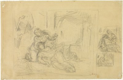 Umierająca kobieta (?), Mężczyzna w sypialni, Dwa szkice tego samego autorstwa Eugène Delacroix