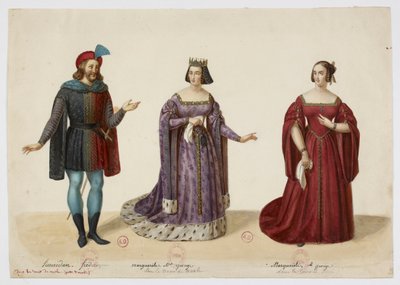 Kostiumy - Frederic Lemaitre jako Buridan, Mlle George jako Marguerite de Bourgogne (La Tour de Nesle, wrzesień 1832) autorstwa Eugène Du Faget