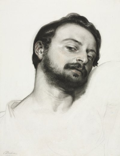 Głowa mężczyzny (węgiel podkreślony sangwiną na białym kartonie) autorstwa Eugène François Marie Joseph Devéria