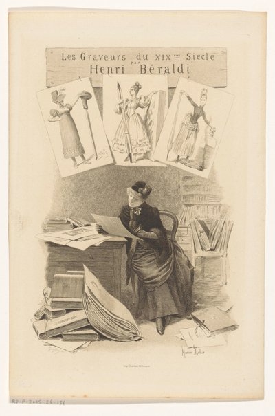 Kobieta patrzy na zdjęcia za biurkiem Strona tytułowa dla: Henri Béraldi, Les engravers du XIXe siècle, 1899 autorstwa Eugène Gaujean