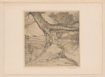 Siewca i leżąca postać ze złożonymi rękami w krajobrazie autorstwa Eugène Joors (signed by artist)