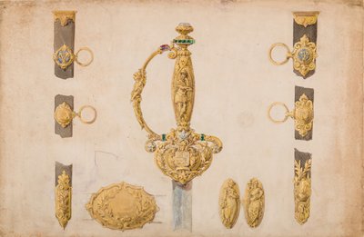Projekt okucia rękojeści miecza, pochwy i pasa, ca. 1840-50. autorstwa Eugène Julienne.