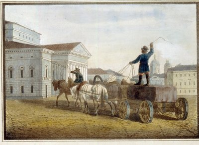 Transport bloków granitowych na plac teatralny w Sankt Petersburgu. Praca Eugene Pluchart (1809-1880), akwarela na litografii autorstwa Eugéne Pluchart