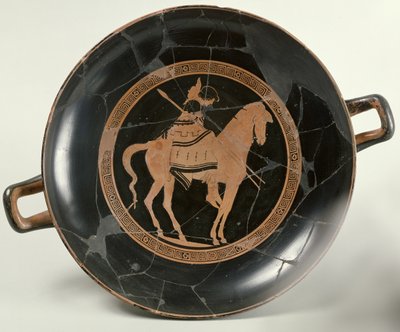 Attykowy czerwonofigurowy puchar przedstawiający jeźdźca na koniu (ceramiczny) autorstwa Euphronios