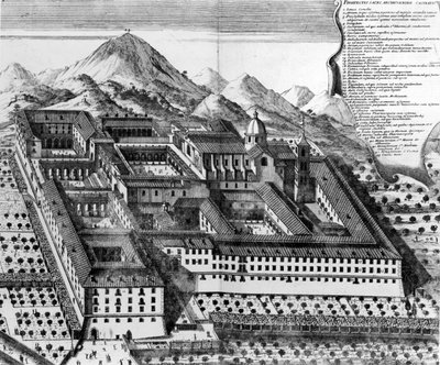 Widok z lotu ptaka na Monte Cassino, grawerowanie we Włoszech) autorstwa European School