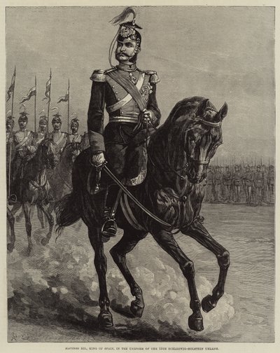 Alfons XII, król Hiszpanii, w mundurze XV Ułanów Szlezwiku-Holsztynu (rycina) autorstwa European School