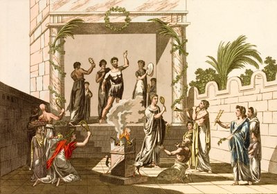 Starożytni Rzymianie wykonujący obrzędy Izydy w Pompejach (kolorowy grawerunek) autorstwa European School