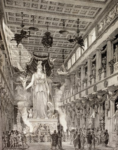 Wizja artystyczna posągu bogini Ateny w Partenonie w Atenach w okresie klasycznym, z „El Mundo Ilustrado”, opublikowanej w Barcelonie, 1880 (lito) autorstwa European School