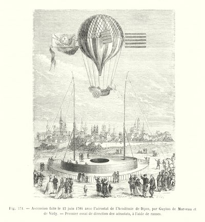 Wejście dokonane 12 czerwca 1784 r. z aerostatu Akademii w Dijon, Guyton de Morveau i de Virly, Pierwsza próba kierunku aerostatów z użyciem wioseł (rycina) autorstwa European School