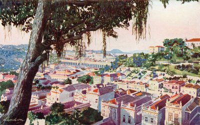 Widok z lotu ptaka na starożytny wiadukt Carioca, przez który dziś przejeżdżają tramwaje elektryczne do wzgórza Santa Thereza, hotelu International i Corcovado (kolorowa litografia) autorstwa European School