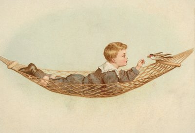 Chłopiec leżący w hamaku i karmiący ptaka (chromolitho) autorstwa European School