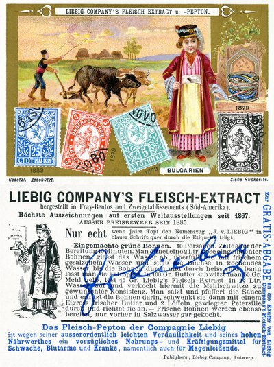 Bułgarskie znaczki pocztowe, awers i rewers karty promocyjnej Liebiga, 1897 autorstwa European School