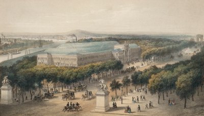 Pola Elizejskie i Pałac Przemysłu zbudowane na Wystawę Światową 1855, Paryż, Francja (kolorowa litografia) autorstwa European School
