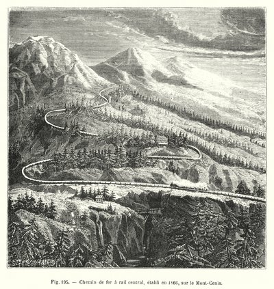 Linia kolejowa, założona w 1866 r., na Mont-Cenis (rycina) autorstwa European School