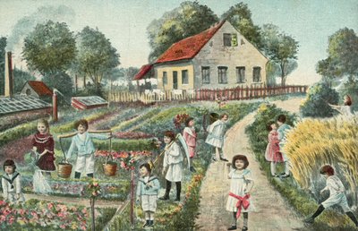 Dzieci w ogrodzie lub na działce (kolorowa litografia) autorstwa European School