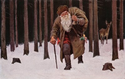 Kartka świąteczna, Święty Mikołaj brnący przez śnieg z workiem prezentów, jeleń w tle (kolorowa litografia) autorstwa European School