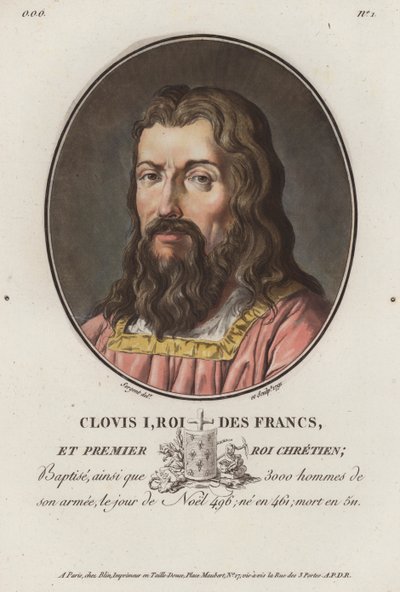 Clovis I, król Franków (kolorowy grawerunek) autorstwa European School