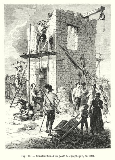 Budowa poczty telegraficznej, 1793 (rytowanie) autorstwa European School
