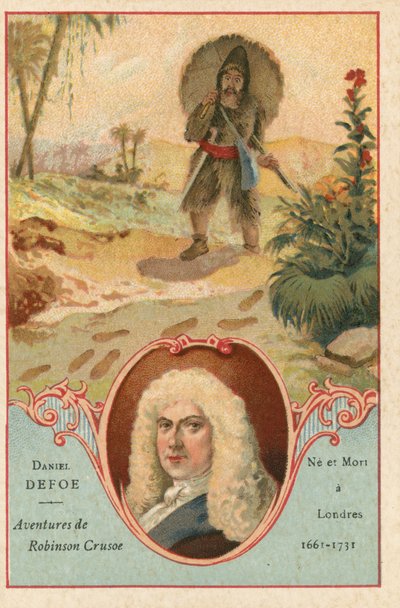Daniel Defoe, angielski powieściopisarz i scena z Robinsona Crusoe autorstwa European School