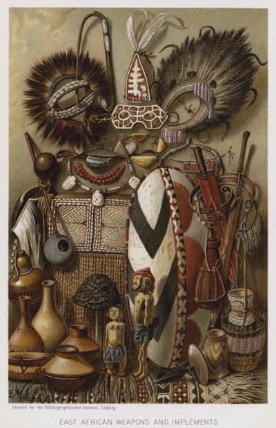 Broń i narzędzia z Afryki Wschodniej (chromolitho) autorstwa European School