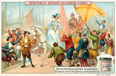Elżbieta I z Anglii wśród marynarzy jej marynarki (chromolitho) autorstwa European School