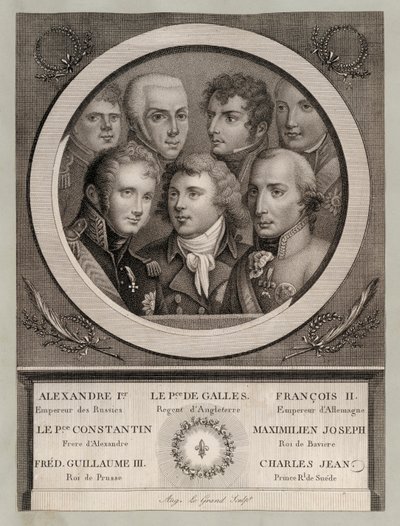 Europejska rodzina królewska początku XIX wieku: Car Rosji Aleksander I; Jerzy, książę Walii, regent króla Jerzego III; Franciszek II, Święty Cesarz Rzymski; Wielki Książę Rosji Konstanty Pawłowicz; Maksymilian Józef, król Bawarii i elektor Pa autorstwa European School