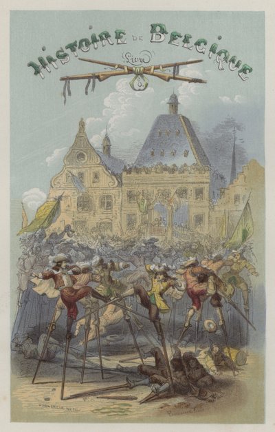 Walka na szczudłach w Namur (kolorowy grawerunek) autorstwa European School
